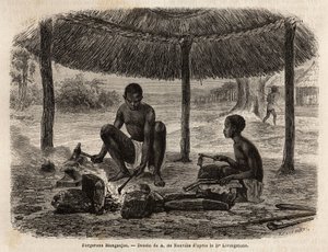 Forgerons manganjas (groupe ethnique de la région du Zambèze). Gravure pour illustrer les premiers voyages du Dr Livingstone en Afrique australe de 1840 à 1856, dans « Le tour du monde, nouveau journal des voyages » publié sous la direction d