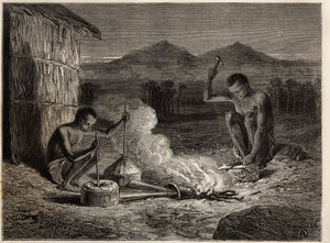 Forgerons à Simiango, sur les rives du fleuve Zambèze. Gravure pour illustrer les premiers voyages du Dr. Livingstone en Afrique australe de 1840 à 1856, dans « Le tour du monde, nouveau journal des voyages » publié sous la direction d