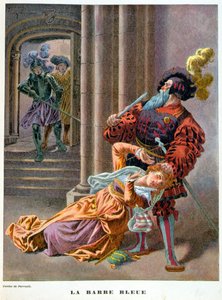 Barbe bleue (surpris prenant une femme par les cheveux). Illustration du 19e siècle.