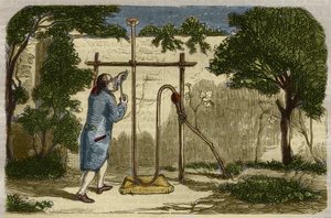 Botanique : expérience de Stephen Hales (1677-1761) sur la force ascendante de la sève en 1727. Gravure de 1859 dans "Le Musée des Sciences"