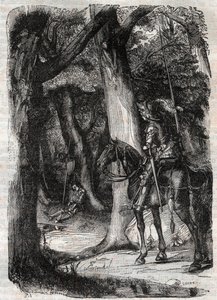 Bradamante aperçoit Pinabel - gravure de 1851 de « Roland furieux » (Orlando furioso) (16e siècle) par Ludovico Ariosto, traduit de l