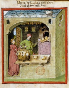 Fabrication du pain : un boulanger cuit les pains. Enluminure du "Tacuinum sanitatis" - Unknown artist
