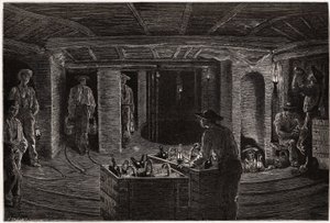 Petit déjeuner dans la mine, distribution et consommation de repas en paniers aux mineurs dans les galeries de charbon du Creusot. Gravure pour illustrer un voyage au Creusot et aux mines de Saône-et-Loire, en 1865, par L. Simonin, dans « Le tour du monde  - Unknown artist