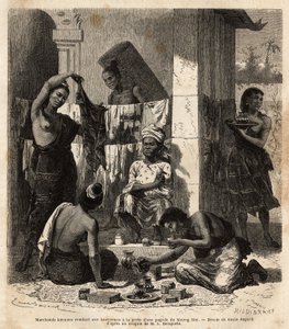 Marchands birmans vendant des tissus et des parfums à des femmes laotiennes - Unknown artist