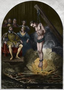 Chambre ardente sous le roi Henri II (1519-1559) en présence de Catherine de Médicis. Gravure de 1842 dans « Histoire des papes » par Maurice Lachatre. Collection privée.