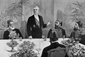 Le Caire : Sir Henry Morton Stanley prononce un discours lors de son banquet. Gravure du 19ème siècle