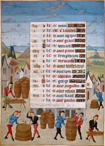 Calendrier : août - Fabrication de tonneaux de vin - Miniature de Maître Jean de Rolin des "Heures d