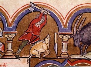 Calendrier : Novembre. Les cochons sont abattus. (détail) Miniature du Psautier de Sainte Élisabeth 13e siècle Cividale, Museo Archeologico - Unknown artist