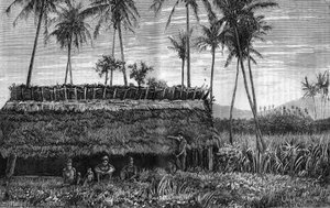 Canaques de Nouvelle-Calédonie devant une case ou une maison de réunion. Gravure dans "La Nature" - Unknown artist