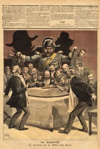 Caricature illustration « la galette », à propos de la fête des rois, où le banquier coupe le gâteau, tout le monde se précipite pour avoir une part et trouve à la place d