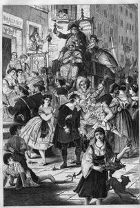 Carnaval à Rome : la promenade du Dr. Pasquin, coutume romaine. Il offre aux dames des balcons ses élixirs. Gravure dans « L