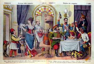Caricature du journal italien « Le Parroquet » (il Pappagallo) sur le Congrès de Berlin (Congresso di Berlino) en 1878 (Conférence diplomatique). Le congrès de Berlin a été tenu pour examiner les injustices de la Russie envers la Turquie : les Turcs forcés