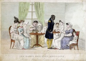 Caricature sur les femmes bourgeoises anglaises du 19e siècle : « Dames anglaises après le dîner ». Un serviteur noir leur sert le thé sur un plateau - Unknown artist