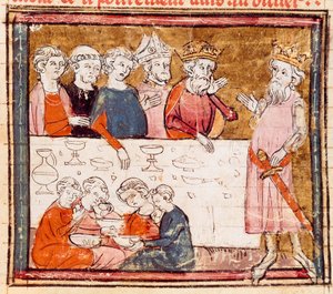 Charlemagne (742-814) et son neveu le chevalier Roland à un banquet avec les pauvres. Miniature de 