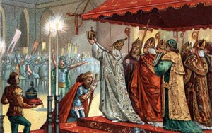 Charlemagne (742-814) couronné par le pape Léon III (c750-816) à la basilique Saint-Pierre de Rome le 25 décembre 800