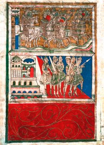 Charlemagne et ses chevaliers quittent Aix-la-Chapelle et se rendent à Saint-Jacques-de-Compostelle Miniature du « Codex Calixtinus » (Livre de Saint Jacques), vers 1140. fol. 162 v. Archives de la cathédrale de Saint-Jacques-de-Compostelle (Santiago de Co