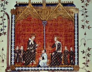 Charles V le Sage et Jeanne de Bourbon, entourés de leurs enfants. Miniature du manuscrit « Rational des divins offices » (Folio 1), décrit par Guillaume Durand et traduit par Jean Golein - Unknown artist