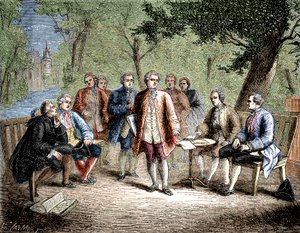 Charles de Secondat Montesquieu avec le cénacle scientifique au château de Clairac, France - Le cénacle scientifique du château de Clairac : Montesquieu et le baron de Secondat, son fils, le chevalier de Vivens, Romas et les frères Dutilh - dans « Album de