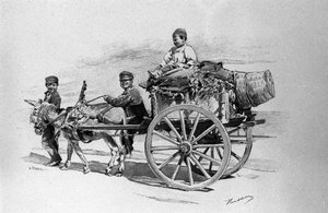 Enfants du peuple sur une charrette tirée par un âne. Gravure de Sicile du XIXe siècle