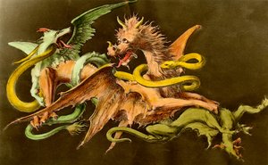 Chimères Un dragon combattant deux monstres. Gravure du 19ème siècle.