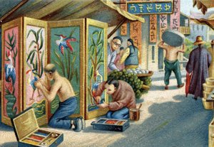 Plumassiers chinois travaillant dans la rue : ils fabriquent des panneaux ou des écrans en utilisant une aiguille et des plumes. Chromolithographie du XIXe siècle