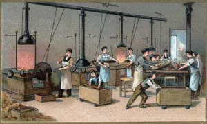 Fabrication du chocolat. Salle de torréfaction du cacao. Chromolithographie de la fin du 19e siècle. - Unknown artist