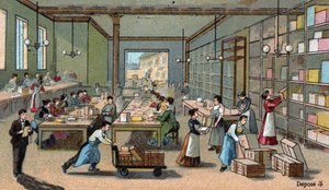 Fabrication de chocolat : emballage, expédition. Chromolithographie de la fin du XIXe siècle - Unknown artist