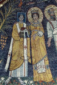 Christ parmi Saint Paul, Sainte Cécile, Saint Pascal, Saint Pierre, Saint Valérien et Sainte Agathe (Mosaïque, 821) - Unknown artist