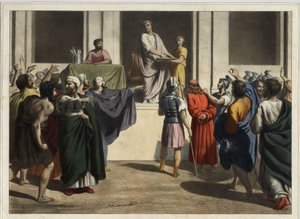 Le Christ devant Ponce Pilate : Voyant que le peuple voulait la mort de Jésus et craignant une émeute, Pilate prit de l