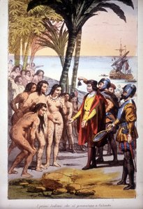 Débarquement de Christophe Colomb à San Salvador (Bahamas) le 12/10/1492 : les premiers Indiens apparaissent devant Colomb. Gravure de 1850 - Unknown artist