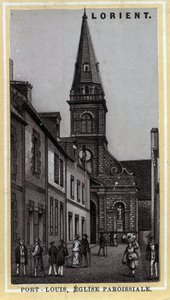 Église paroissiale de Port-Louis, Pays de Lorient, Morbihan, Bretagne. Chromolithographie de la fin du XIXe siècle