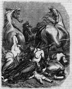 Guerre des Cimbres vers 120 av. J.-C.: femmes, anciens et enfants de la tribu des Ambrons se jettent sous les chevaux ennemis ou meurent pour éviter l