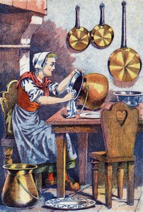 Cendrillon dans sa cuisine, Illustration pour « Cendrillon », conte de Charles Perrault (1628-1703), écrivain français. Illustration anonyme.