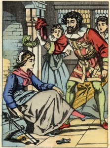 Cendrillon essaie la pantoufle de verre trouvée par le prince. Illustration du conte de Charles Perrault « Cendrillon ou La petite pantoufle de verre »