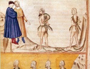 Cercle des voleurs : Vanni Fucci (13ème siècle) prédit à Dante et Virgile la défaite des Guelfes blancs. Page enluminée illustrant le 24ème chant de l