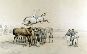 Spectacle de cirque : un cheval ailé saute par-dessus trois chevaux bandés - Unknown artist