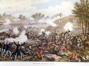 Guerre civile (1861 - 1865), guerre civile américaine 21/7/1861 : Première bataille de Bull Run ou première bataille de Manassas : Virginie, les confédérés commandés par le général Beauregard ont vaincu les troupes nordiques du général Mac Dowell. Gravure - Unknown artist