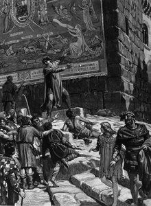 Cola di Rienzo (1314-1354), dans la campagne pour devenir tribun du peuple romain, explique au peuple de Rome les fresques qu