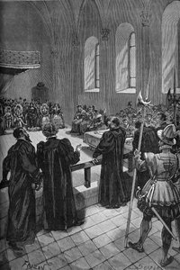 Colloque de Poissy (1561). Discours du calviniste suisse Théodore de Bèze (au centre, de dos), chef de la délégation protestante. - Unknown artist