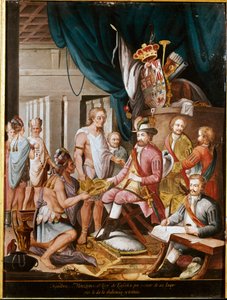 Conquête du Mexique : Montezuma (ou Moctezuma II), empereur aztèque (1466-1520) offre des présents au conquistador Hernan Cortez (ou Cortes) (1485-1547) et jure fidélité au Royaume d