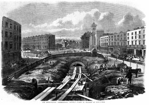 Construction du métro de Londres en 1850 : travaux à King Cross.