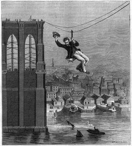 Construction du pont de Brooklyn à New York : M. Farrington, chef mécanicien de la construction, se déplaçant d