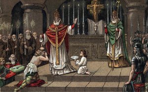 Conversion de Widukind ou Witikind devant Charlemagne en 785. Chromolithographie de la fin du XIXe siècle.