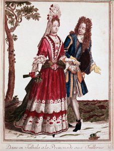 Couple marchant dans le jardin des Tuileries, Paris (gravure)