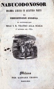 Couverture du premier livret de Nabucco par Giuseppe Verdi (1813 - 1901), initialement nommé Nabucodonosor