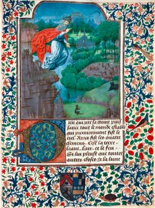 Création, le septième jour : le Créateur survole son œuvre. Paysage avec des animaux. Miniature du Livre d