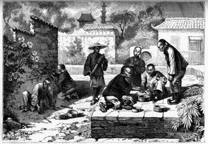 Combat de criquets à Pékin, Chine. Gravure dans « Le journal de la jeunesse » - Unknown artist