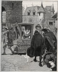 Coutellerie : des bateliers entourent la chaise de Marie de Rabutin-Chantal, marquise de Sévigné dite Madame de Sévigné (1626-1696) pour lui vendre des couteaux à son arrivée à Nogent (Haute-Marne) en 1675. Gravure de 1885 dans « Les arts et métiers illus - Unknown artist