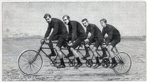 Cycliste sur une bicyclette appelée « quadruplette gladiator ». Gravure dans « La Nature » - Unknown artist