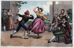 Danse du boléro et costumes de Grenade - gravure de "Usi e Costumi di Tutti i Popoli dell